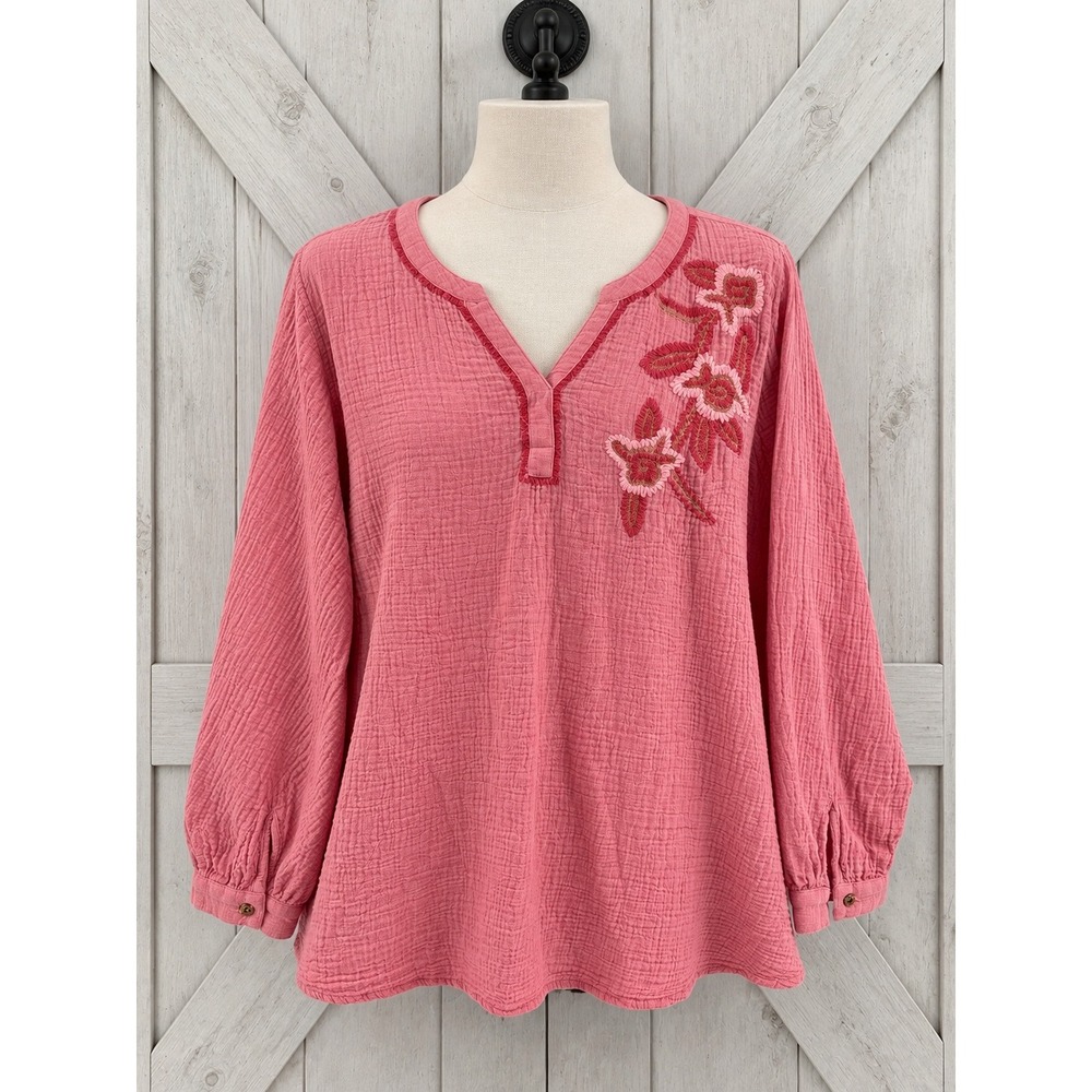 Susan Graver Pure Gauze Top 2X Pink Floral Embroidered Boho V-Neck A691311